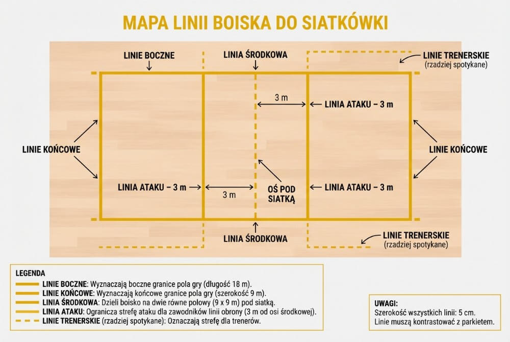 Schemat boiska do siatkówki z opisanymi liniami: bocznymi, końcowymi, środkową, linią ataku 3 m oraz opcjonalnymi liniami trenerskimi, z informacją o szerokości linii 5 cm.