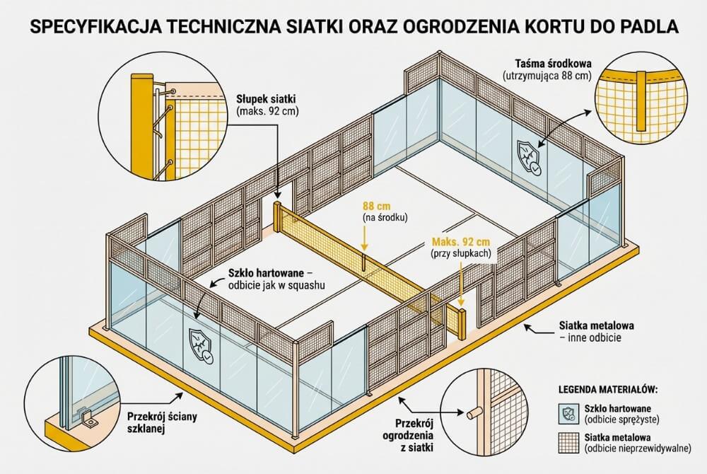 Infografika pokazująca siatkę w padlu (88 cm w środku, 92 cm przy słupkach) oraz ściany 3–4 m ze szkła hartowanego i metalowej siatki.