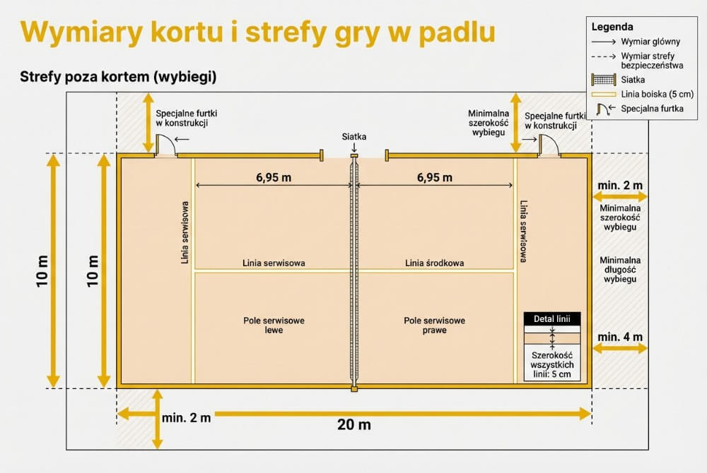 Plan kortu do padla z wymiarami 20×10 m, liniami serwisowymi 6,95 m od siatki, podziałem lewo/prawo oraz zaznaczonymi strefami bezpieczeństwa (wybiegami).