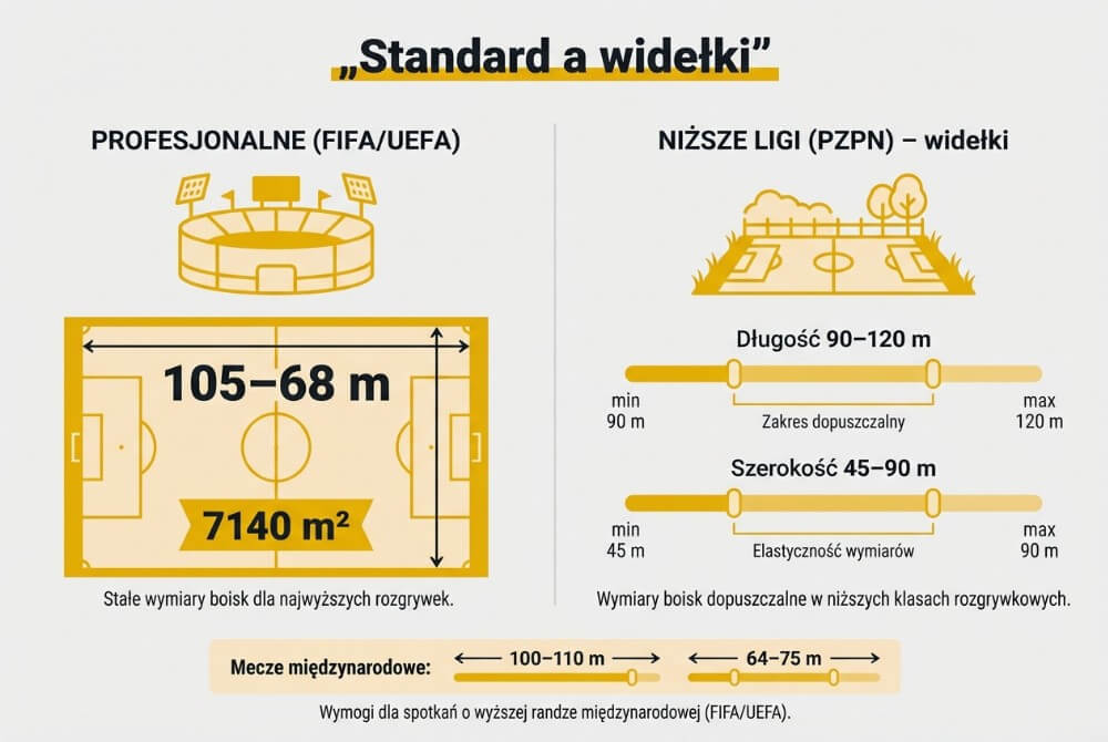 Infografika porównująca standardowe wymiary boiska 105×68 m z dopuszczalnymi zakresami w niższych ligach (90–120 m długości, 45–90 m szerokości) oraz węższymi widełkami dla meczów międzynarodowych (100–110 m i 64–75 m).