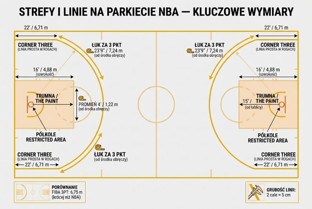Infografika ze schematem boiska NBA z oznaczonymi strefami i wymiarami: linia za 3 (7,24 m na szczycie i 6,71 m w rogu), trumna 4,88 m, linia rzutów wolnych 4,57 m od tablicy, restricted area 1,22 m oraz grubość linii ok. 5 cm i porównanie do FIBA 6,75 m.