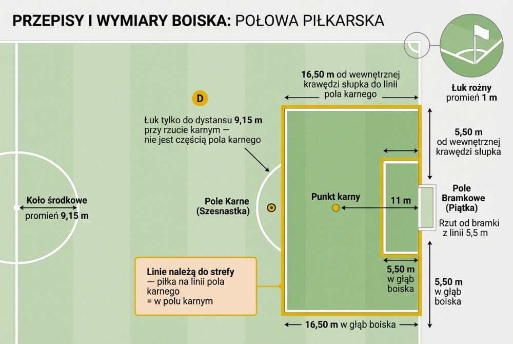 Infografika z widokiem z góry przedstawiająca wymiary i strefy na boisku piłkarskim: pole karne 16,50 m, pole bramkowe 5,50 m, łuk 9,15 m, punkt karny 11 m, koło środkowe 9,15 m i łuk rożny 1 m.
