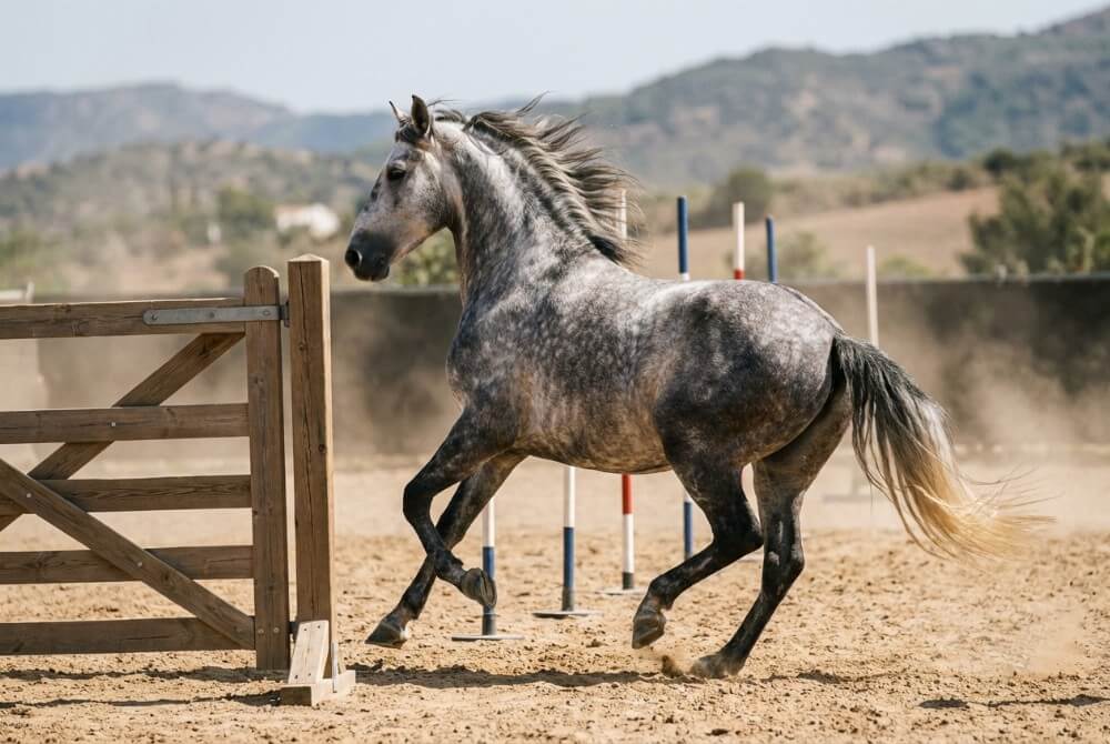 Koń andaluzyjski w dynamicznym ruchu na torze Working Equitation, podkreślający zwrotność i zebranie.