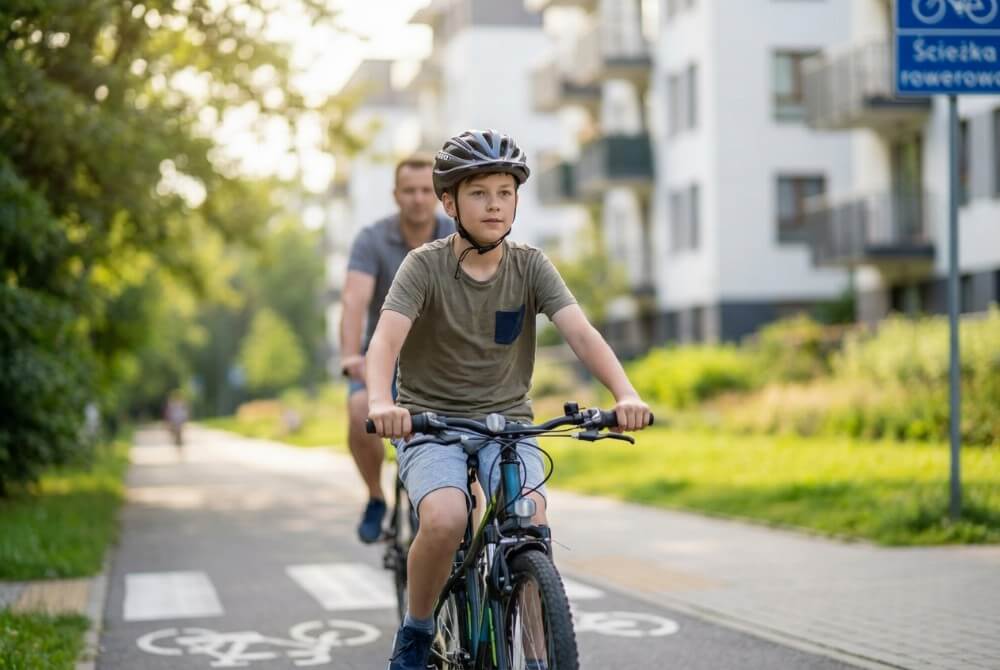 Dziecko w kasku jadące na rowerze po ścieżce rowerowej pod opieką dorosłego, ilustracja obowiązku kasków od 2026 roku.