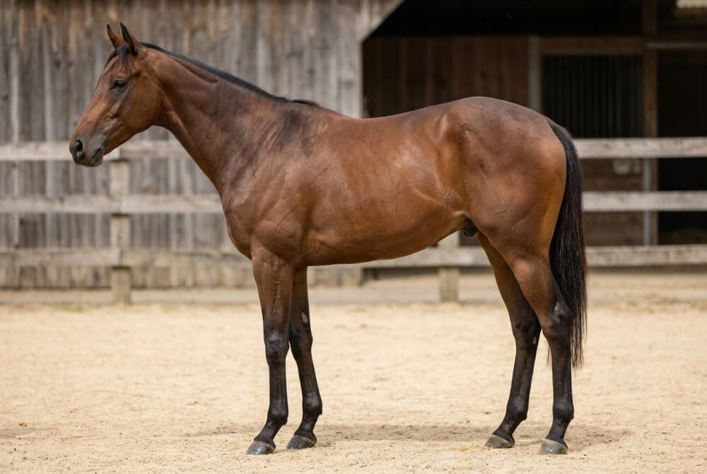 Koń pełnej krwi angielskiej w profilu, pokazujący suchą, atletyczną sylwetkę i wyraźne umięśnienie.