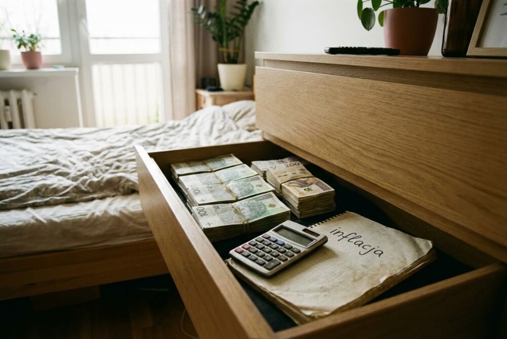 Gotówka w szufladzie obok kalkulatora i notatek o inflacji, pokazująca ryzyko utraty wartości oszczędności.