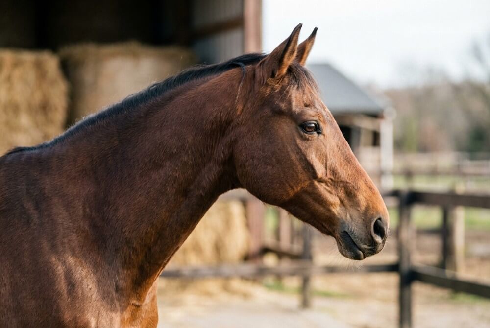 Zbliżenie na szlachetną głowę konia hanowerskiego z dużymi oczami i umięśnioną, długą szyją.