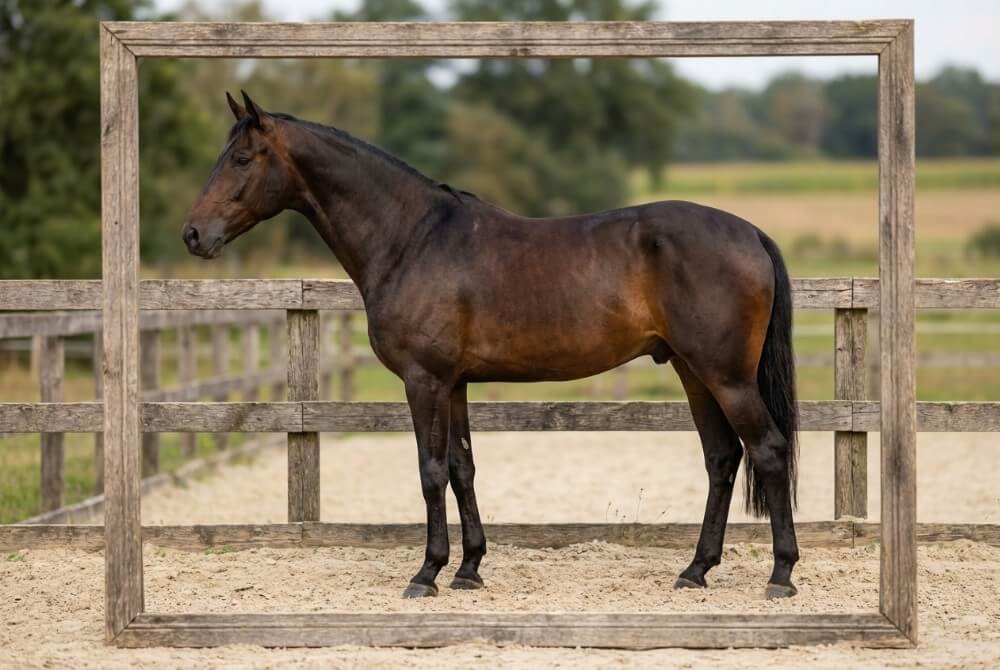 Koń hanowerski w profilu prezentujący atletyczną budowę, głęboką klatkę piersiową, wyraźny kłąb i potężny zad.