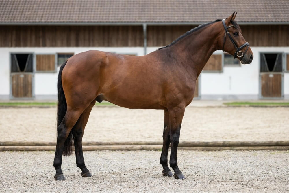 Koń holsztyński w profilu prezentujący prostokątną sylwetkę oraz mocny grzbiet i zad.