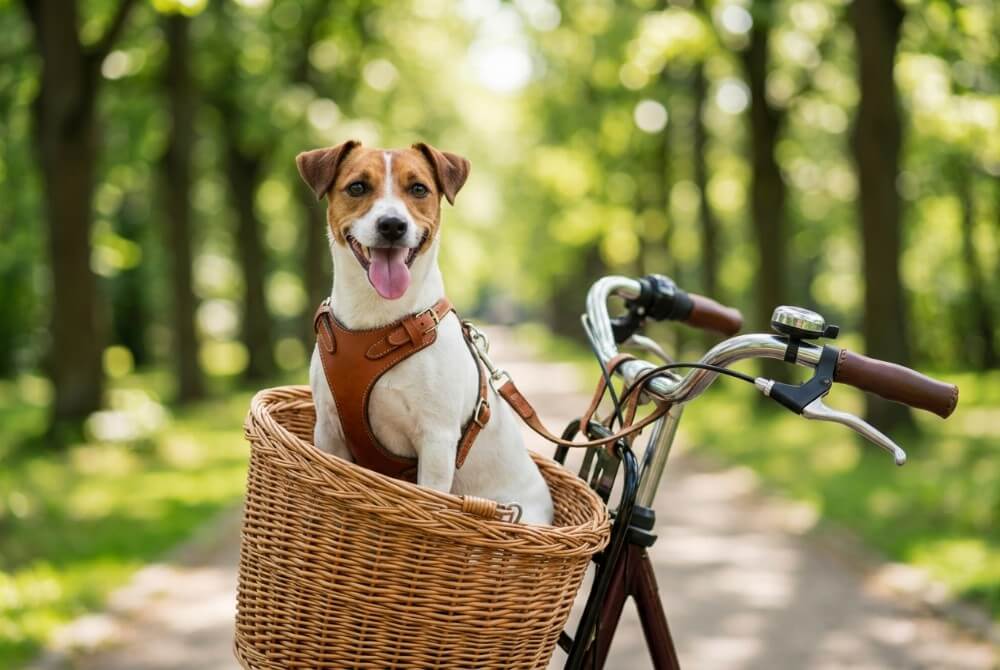 Mały pies rasy Jack Russell Terrier siedzi bezpiecznie w koszyku na kierownicy roweru podczas wycieczki w parku.