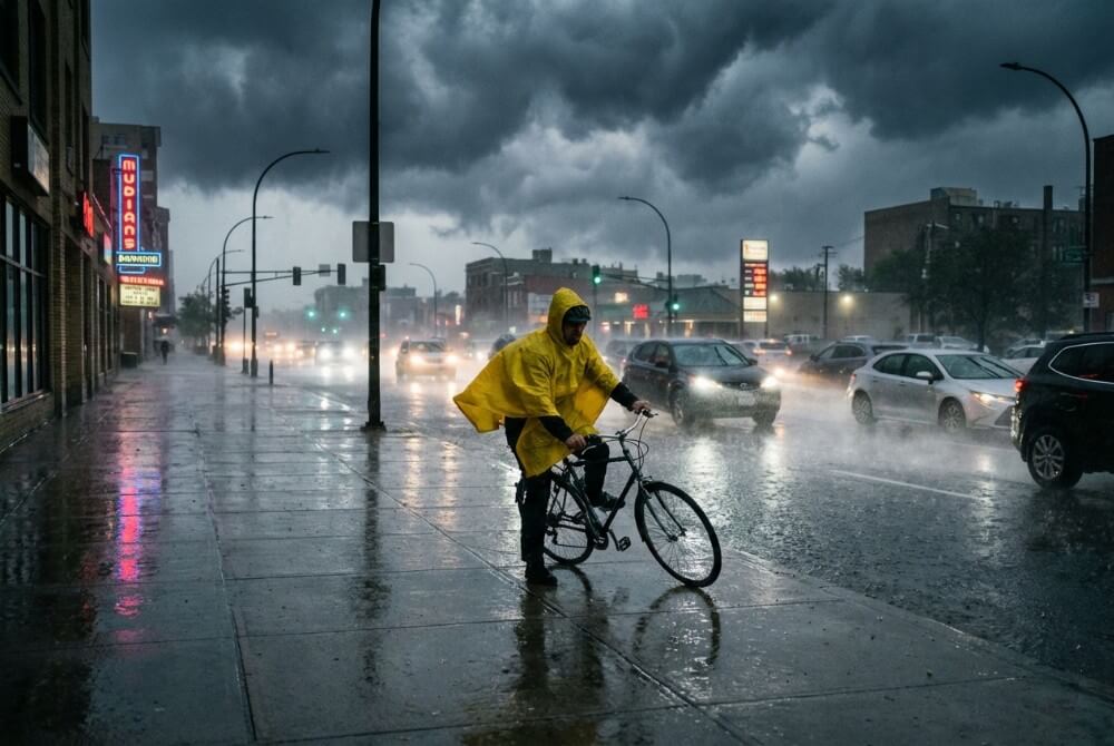 Rowerzysta korzystający z chodnika podczas ulewy i złych warunków atmosferycznych jako wyjątek od zakazu.