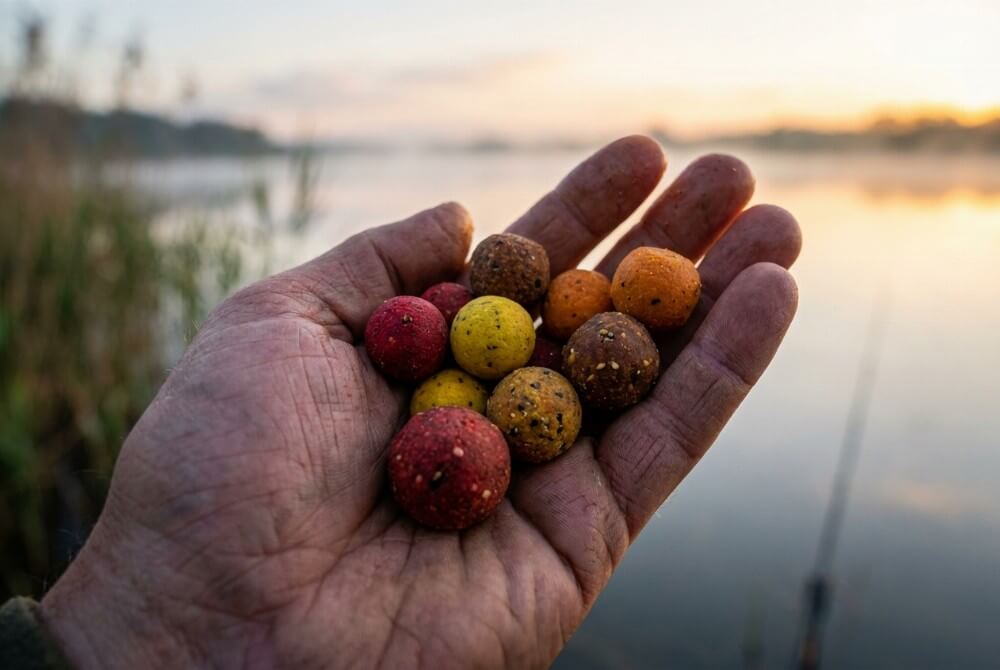 Zbliżenie na dłoń wędkarza trzymającą garść różnokolorowych kulek proteinowych nad brzegiem jeziora.