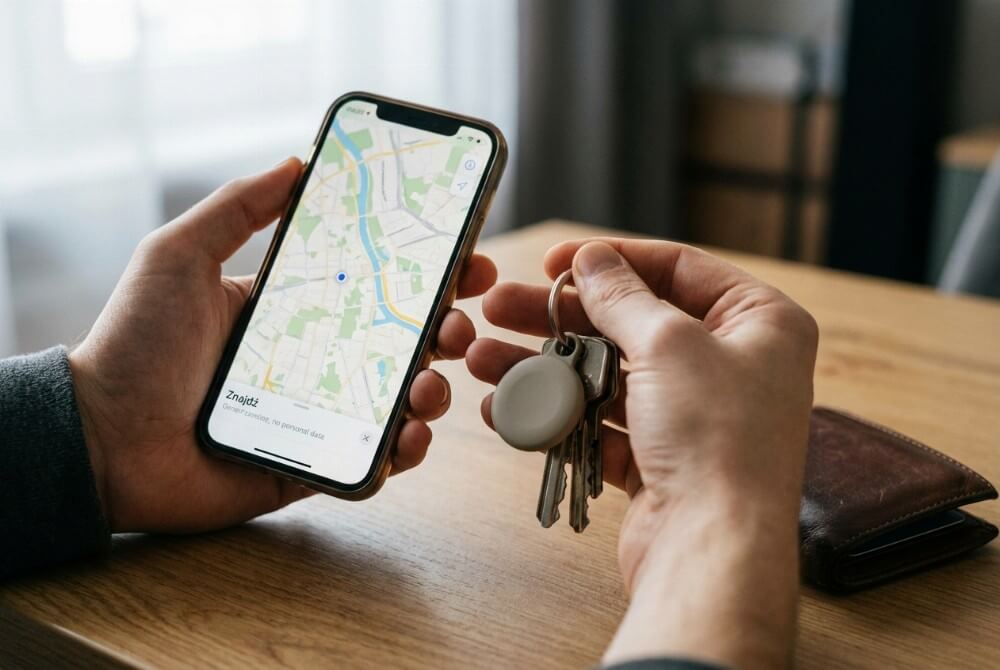 Dłoń z telefonem pokazującym mapę i klucze z przypiętym lokalizatorem Bluetooth na stole obok portfela.