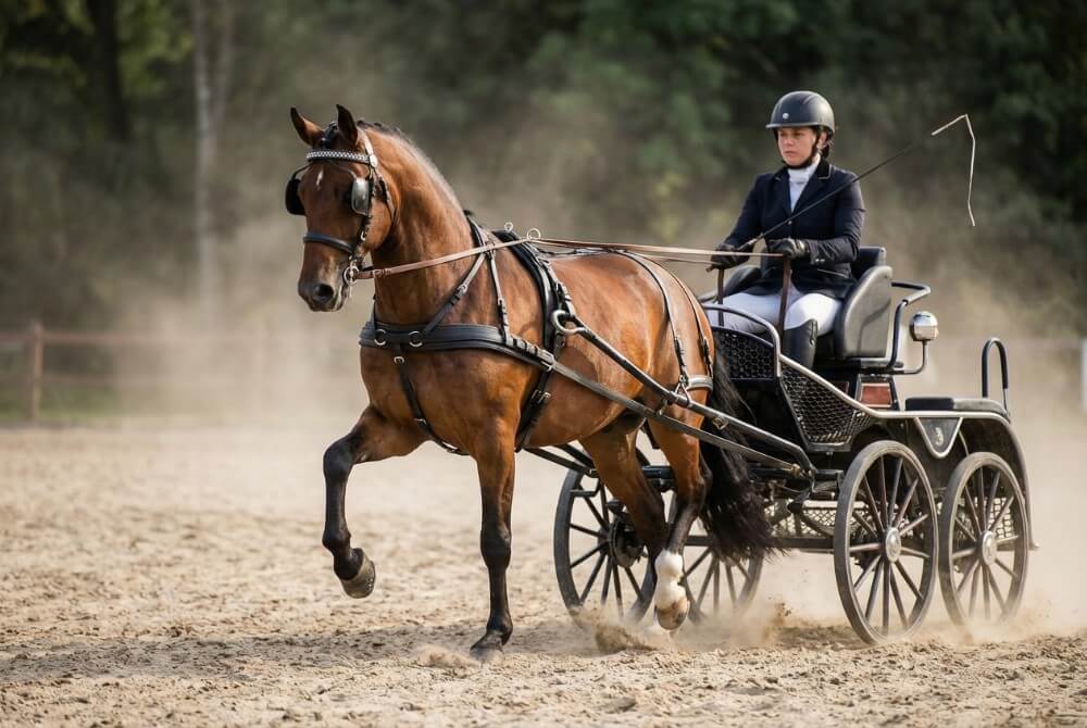 Koń rasy Morgan w zaprzęgu sportowym podczas dynamicznego kłusa, przykład wszechstronności rasy.