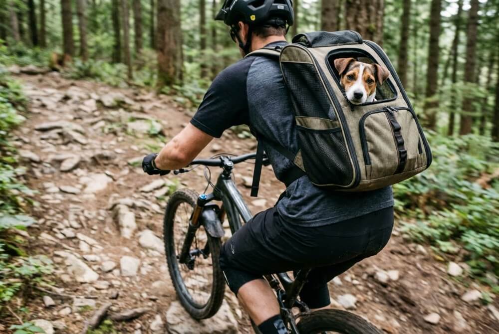 Rowerzysta na MTB jedzie po nierównej leśnej trasie z małym psem w wentylowanym plecaku transportowym na plecach.