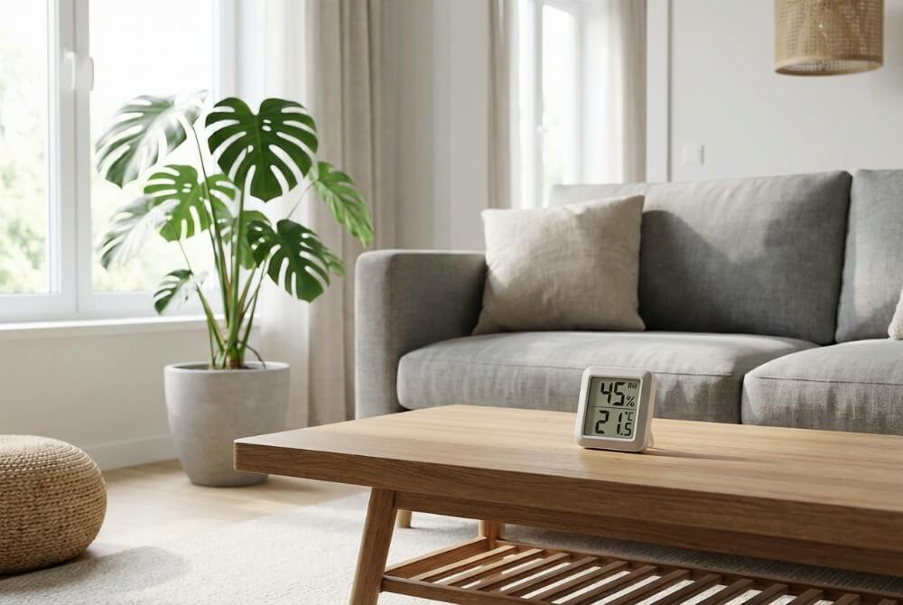 Stacja pogodowa w salonie pokazuje prawidłową wilgotność powietrza około 45–55% i temperaturę około 21°C.