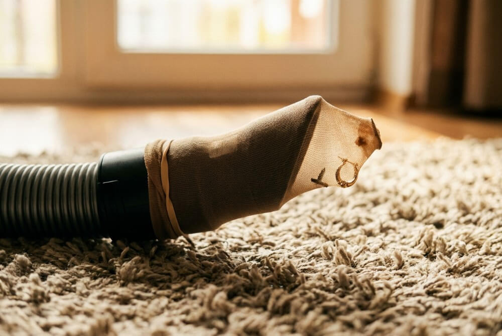 Rura odkurzacza z pończochą zabezpieczoną gumką, na której zatrzymał się drobny przedmiot znaleziony na dywanie.