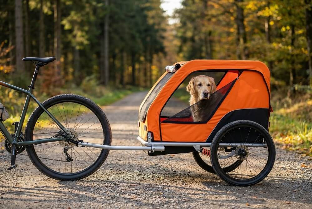 Duży pies rasy Golden Retriever podróżuje w specjalistycznej przyczepce rowerowej na leśnej ścieżce.