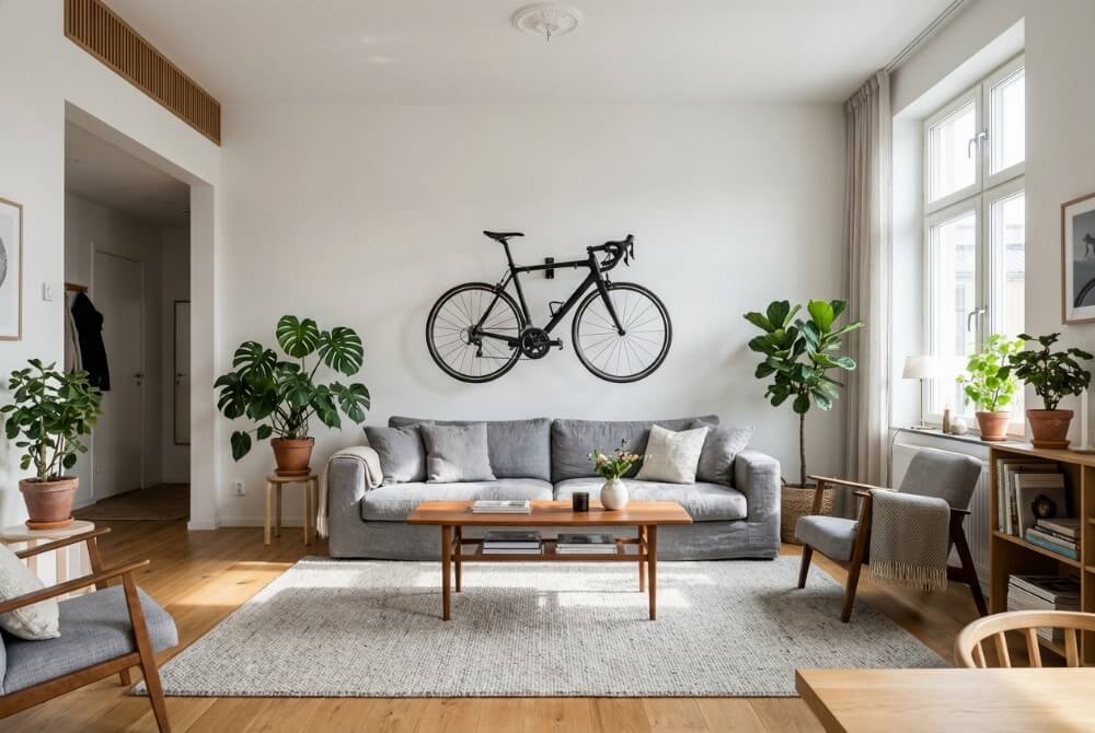 Nowoczesny rower szosowy powieszony poziomo na ścianie w jasnym salonie nad kanapą jako element wystroju wnętrza.