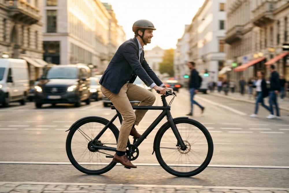 Dorosły rowerzysta na rowerze elektrycznym w kasku ochronnym jadący przez centrum miasta.
