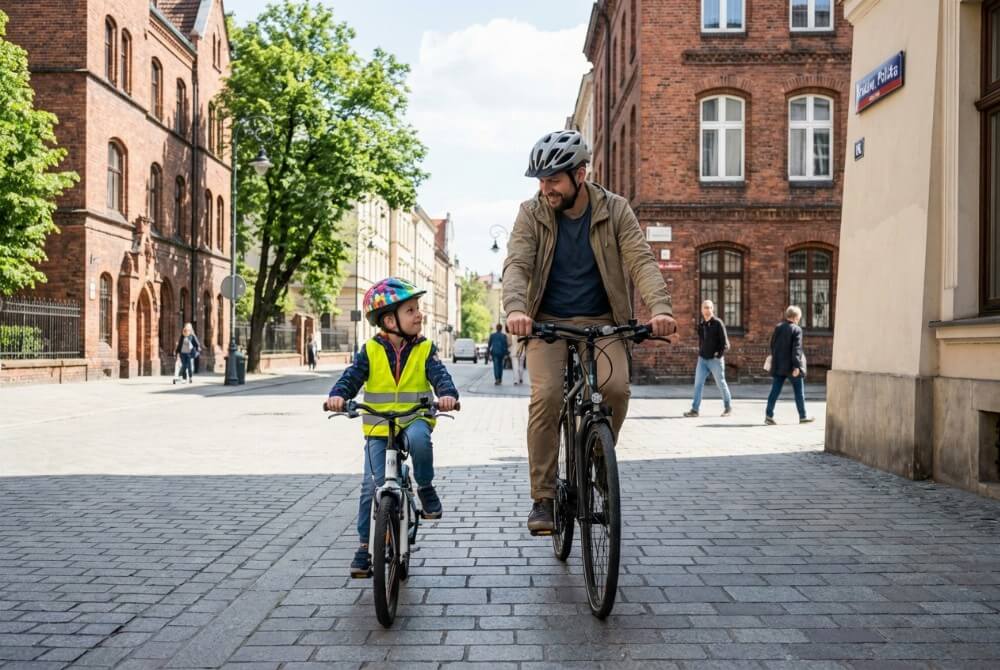 Ojciec jadący na rowerze po chodniku obok dziecka poniżej 10 roku życia zgodnie z przepisami ruchu drogowego.
