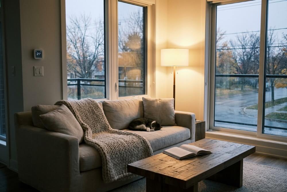 Przytulny salon z sofą i termostatem ustawionym na 21°C w sezonie grzewczym.