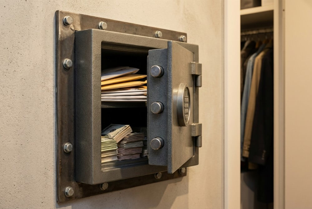 Sejf kotwiony do ściany z gotówką w środku jako przykład bezpieczniejszego przechowywania pieniędzy w domu.