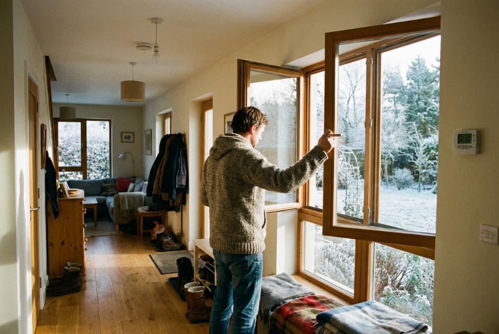 Krótkie wietrzenie zimą: otwarte okno i termostat pokazujący 21–22°C w strefie dziennej.