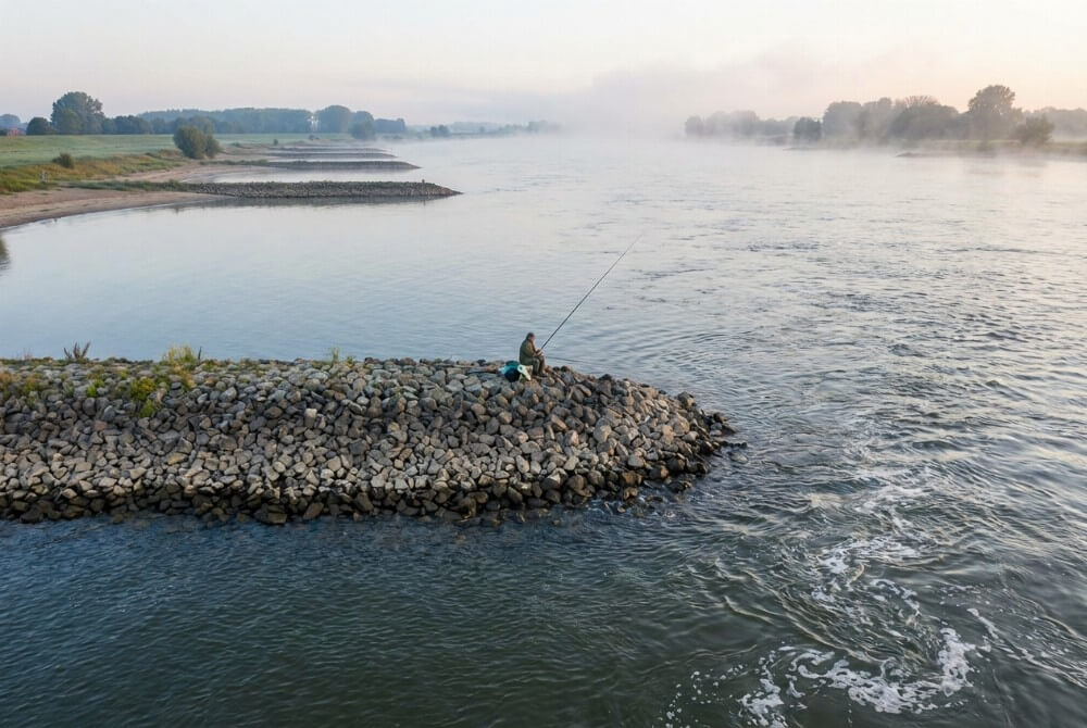 Wędkarz siedzący na kamiennej główce rzecznej o poranku, łowiący w nurcie dużej rzeki.