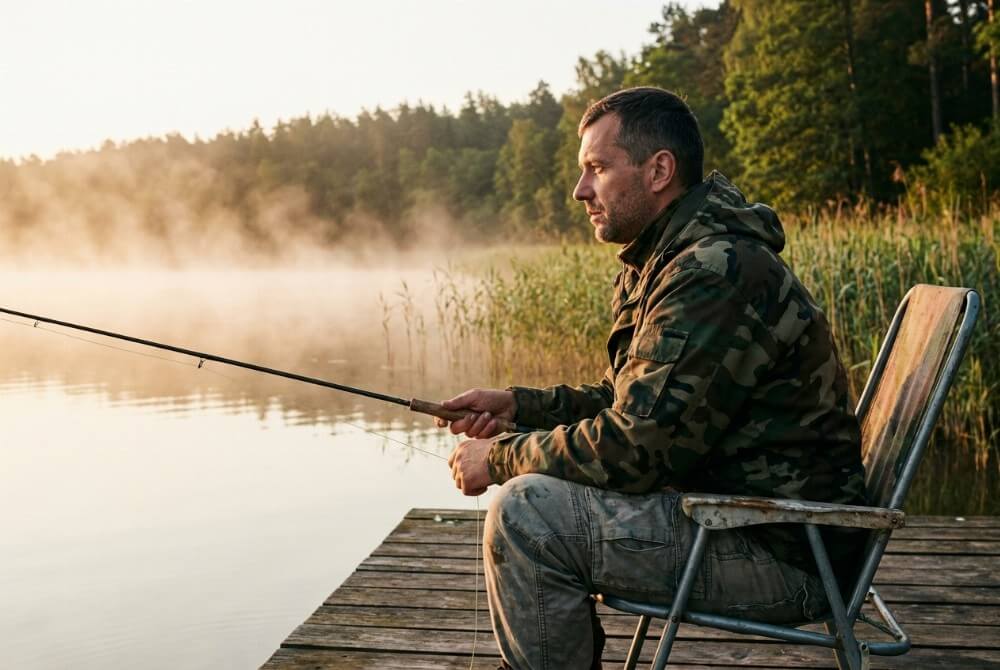 Wędkarz łowiący ryby z pomostu o wschodzie słońca w spokojnej scenerii mazurskiego jeziora.