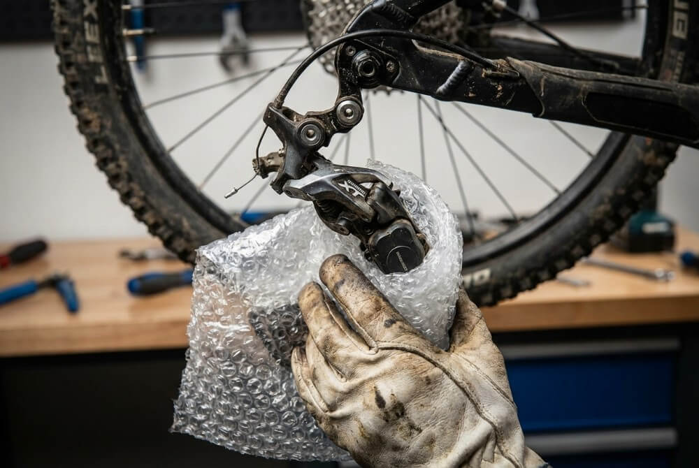 Zbliżenie na dłonie zabezpieczające tylną przerzutkę rowerową folią bąbelkową przed transportem.