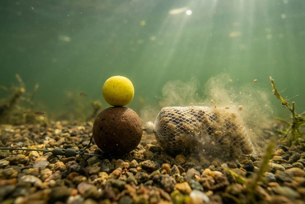Podwodne zbliżenie na zestaw karpiowy typu Bałwanek z rozpuszczoną siatką PVA na dnie zbiornika.